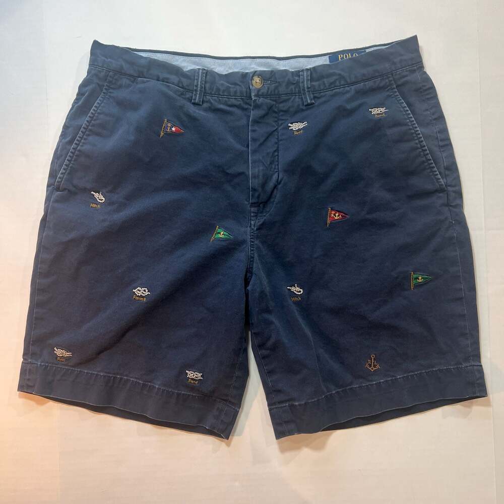 Polo Ralph Lauren Stretch Classic Fit Navy Blue Nautical Embroidered Shorts 34